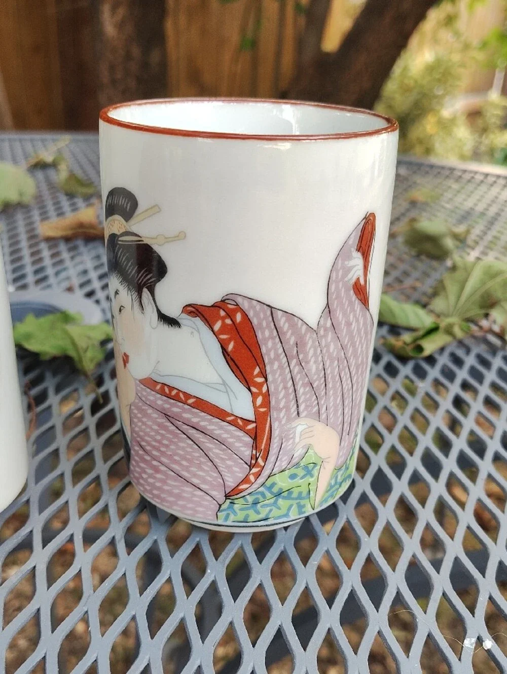 Vintage Porcelain Ukiyo-e Style Sake Mug Cups - Set of 3